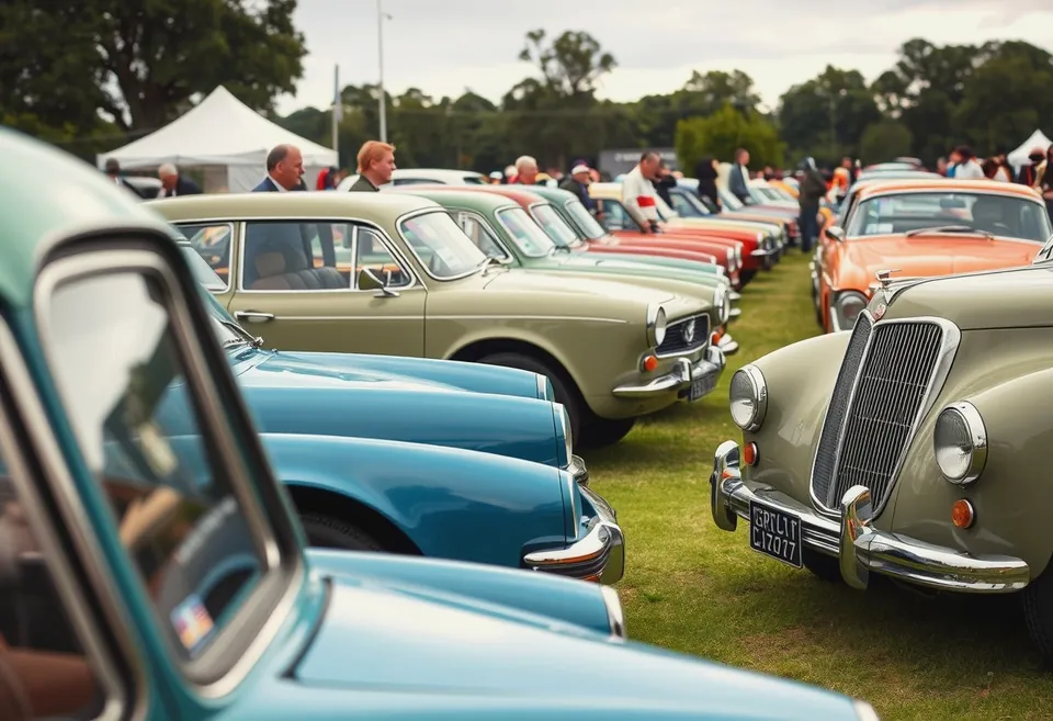 Cars lined up on a coastal lawn in early morning light during judging