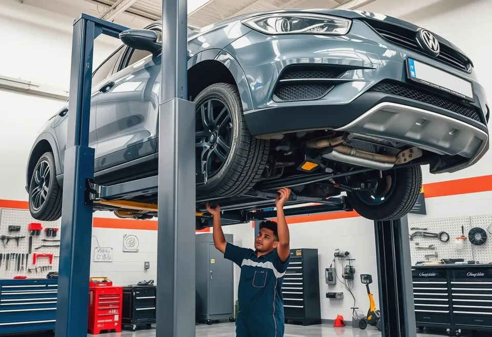 A workshop bay with a car on a lift and parts laid out on a bench